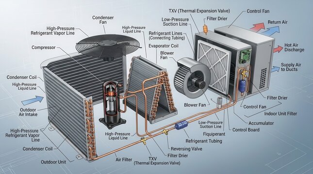 Exploded view of HVAC system components. Technical diagram of air conditioning unit parts.