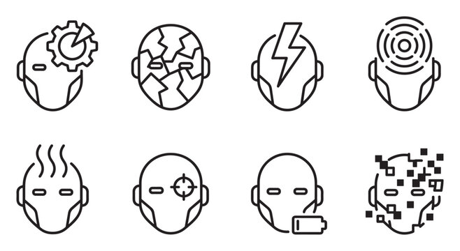 Robot head icons showing different statuses and states of mind or power.