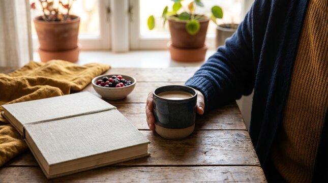 Cozy morning routine with a person holding a warm coffee mug next to an open book and fresh berries on a rustic wooden table by a window