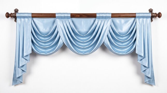 Elegant light blue silk window valance with decorative wooden rod displayed on white background