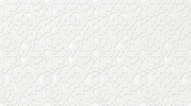 Islamic geometric pattern on white background, elegant arabic paper texture with embossed floral ornament, traditional middle eastern architectural motif
