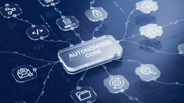 Autonomous core central processing unit connected to network nodes, digital interface showing secure data flow, AI driven automation system, futuristic technology concept for sm...