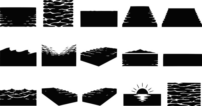 Water waves and ground texture silhouette set with sunset and terrain shapes clip art