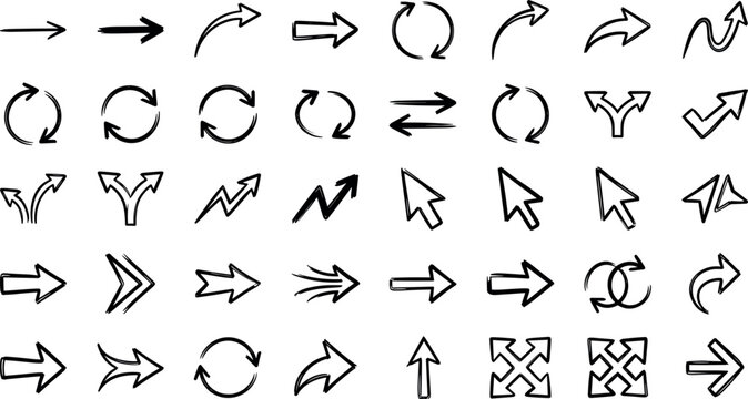 Hand drawn arrow vector set sketch doodle arrows collection black pointer, curve, circle, and direction signs