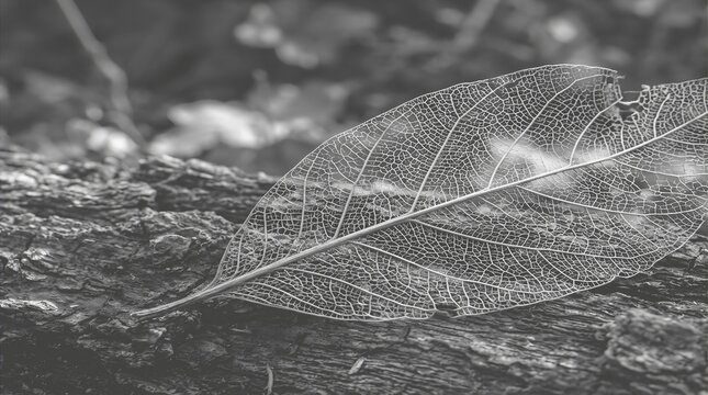 Monochrome skeleton leaf on textured tree bark, macro photography of transparent leaf veins, artistic black and white nature background
