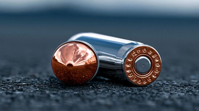 Close-up of a metallic bullet case on a dark surface.