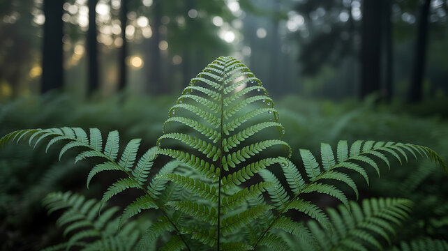 Close-up of a vibrant green fern frond in a misty forest with soft sunlight filtering through trees