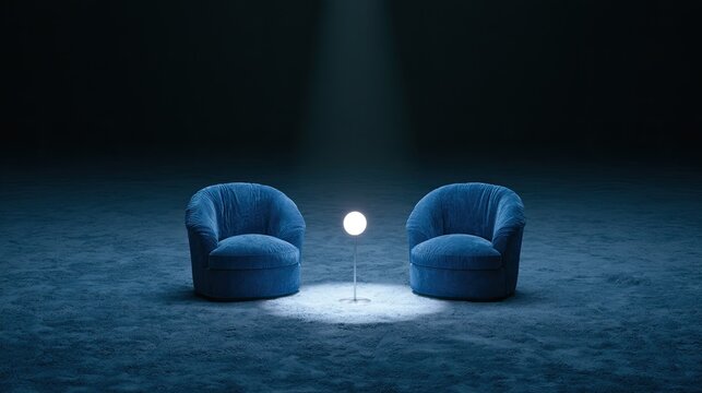 Two plush blue armchairs face each other in a stark, dimly lit space
