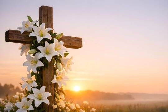 wooden cross with white lily flowers glowing at sunrise celebrating easter hope