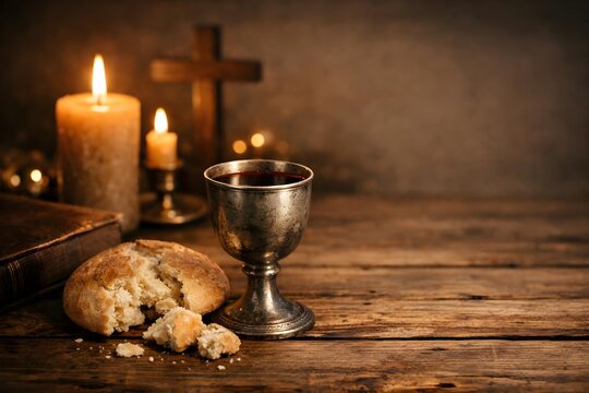 holy communion bread wine chalice and cross on rustic wooden table