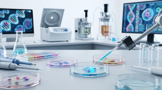 Scientific laboratory workspace with robotic arm using pipette on petri dish, DNA analysis research equipment and computer screens displaying genetic code sequences in background