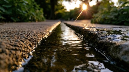 Naklejka premium Low angle view of a shallow water channel with sunbeams at sunset