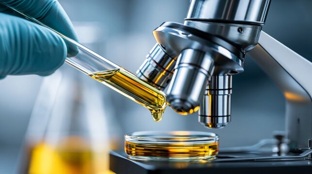 Close-up of a scientist's hand using a microscope and pipette.