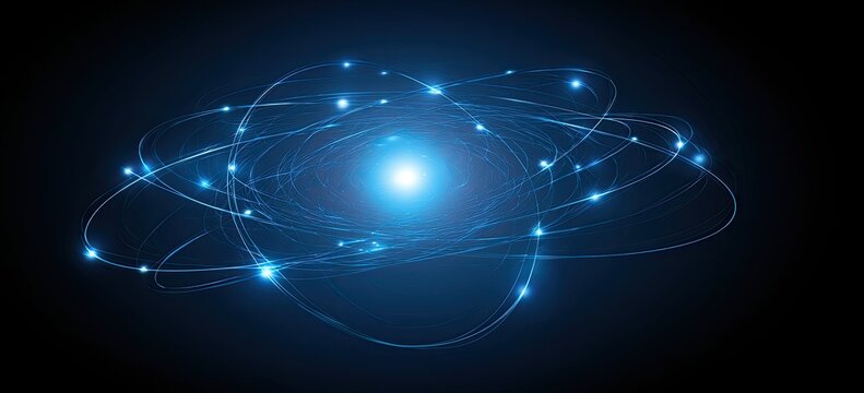 Glowing atomic structure with orbiting particles against a dark background