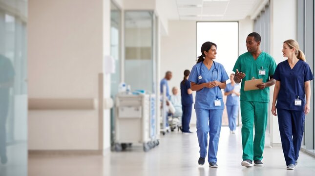 Diverse Medical Team Walking Through Hospital Corridor Discussing Patient Care Plan in Modern Healthcare Facility Setting