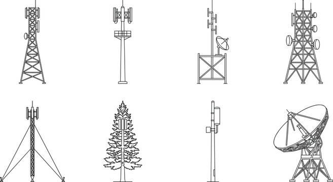 Collection of Communication Towers and Antennas in Vector Line Illustrations