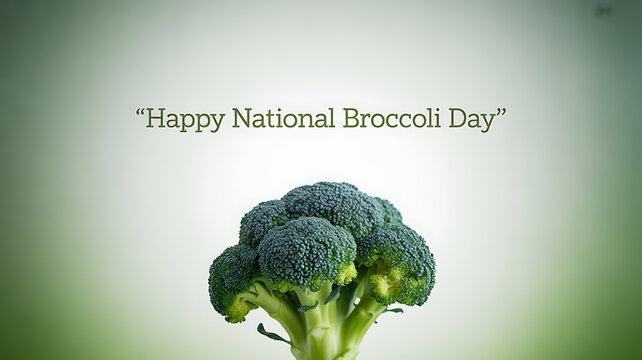 A close-up of a fresh broccoli head with a green gradient background and the text 'Happy National Broccoli Day'