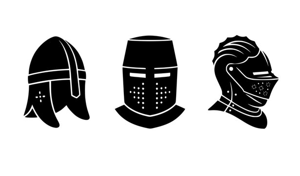 Medieval knight and crusader warrior helmets solid silhouette icons set featuring viking templar and gothic head armor elements vector illustration