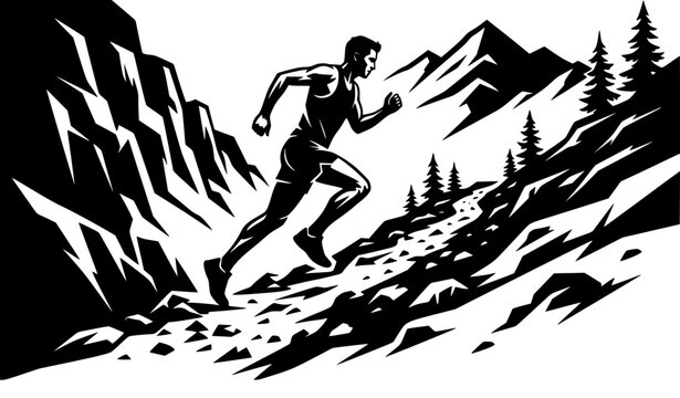 Trail runner climbing a rugged mountain ridge path with rocky cliffs and pine trees linocut monochrome vintage hand drawn vector illustration