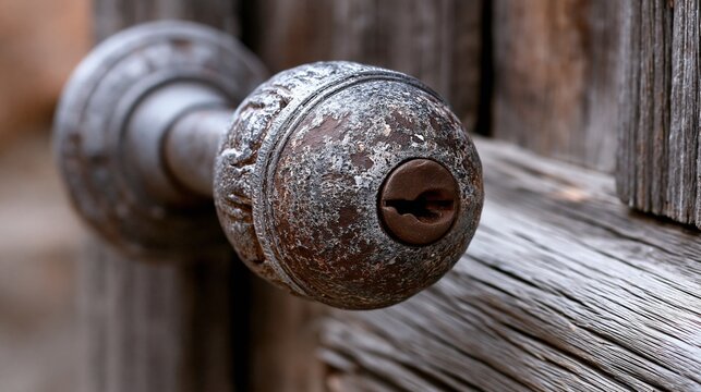 Close-up of an antique door knob on a rustic wooden door.