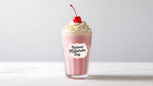 A pink milkshake topped with whipped cream and a cherry, featuring a label that reads 'National Milkshake Day' on a clean white background.