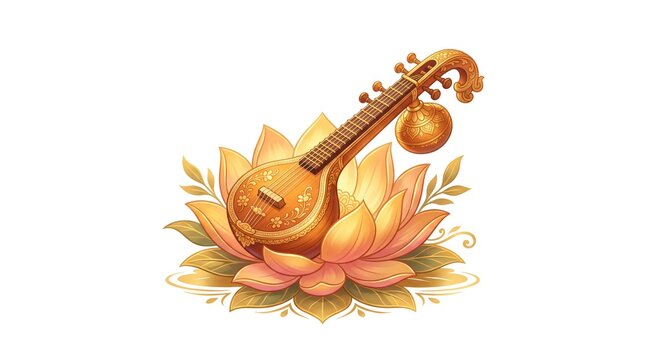 Traditional Indian sitar resting on blooming lotus flower. Handcrafted musical instrument symbolizing cultural heritage and spiritual harmony.