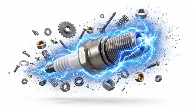 Motorcycle spark plug floating with blue electric sparks, metallic particles, engine components, and dynamic energy trails, isolated on a pure white background for automotive concepts.