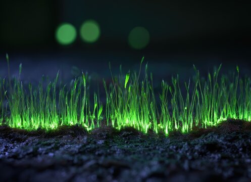 Bioluminescent grass glows with vibrant green light on dark soil
