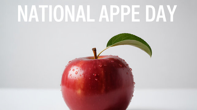 A shiny red apple with water droplets and a green leaf, celebrating National Apple Day