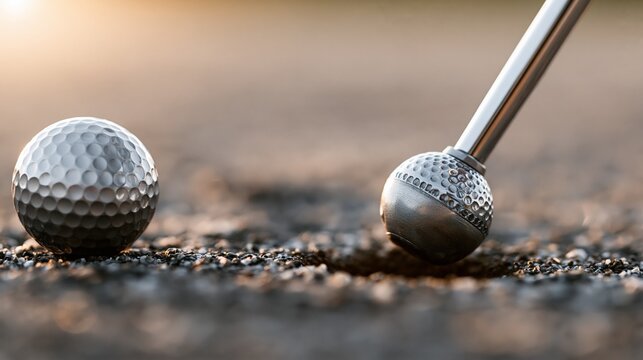 Close-up of golf balls and club on a course during sunset.