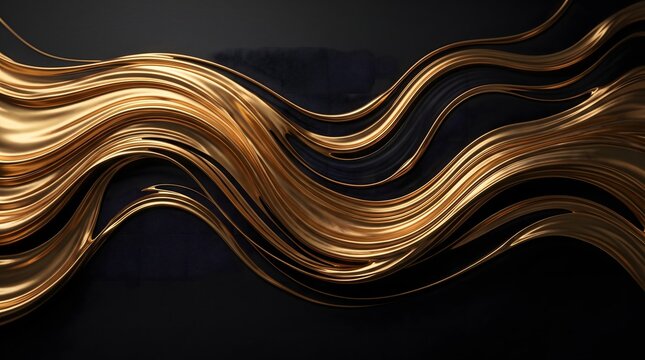 Luxurious gold liquid waves on black background, elegant metallic flowing lines, abstract golden silk texture for premium branding and cosmetic packaging