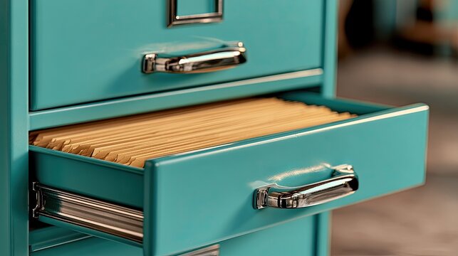 Close-up of a teal metal filing cabinet with one drawer pulled open, revealing folders