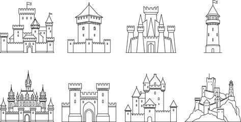 Collection of Castle and Tower Line Drawings Featuring Medieval and Fantasy Designs © Mst Fensi