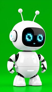 Friendly white robot character on green studio background.