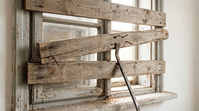 crowbar wedged behind wooden plank with rusty nails