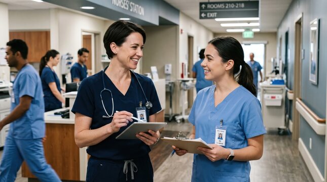 Two female nurses collaborating in a modern hospital hallway using a digital tablet and clipboard for patient care coordination