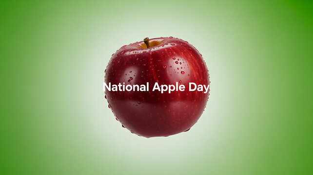 A red apple with water droplets on a green background celebrating National Apple Day