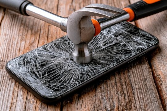 Hammer smashing a cracked mobile phone screen on a wooden surface