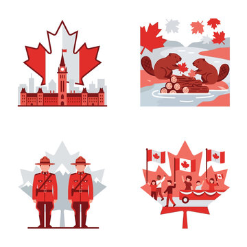 Canadian national symbols and icons in red stylized vector illustrations.