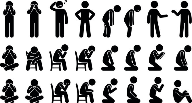 Sadness regret and shame stick figure icons set depicting crying people praying kneeling and feeling depressed