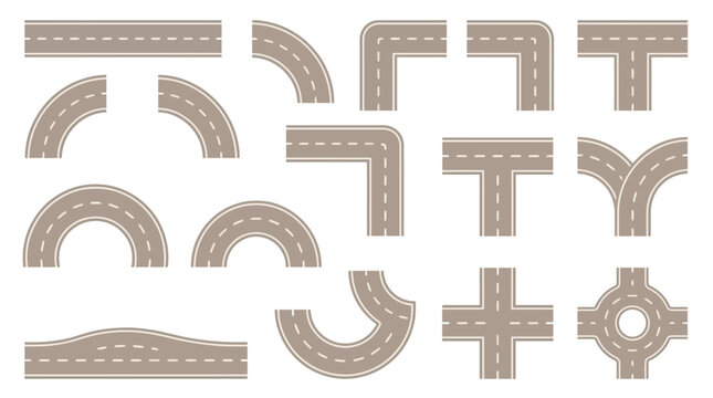 Comprehensive collection of diverse black flat road icon elements including straight path and curved highway segment isolated on a white background for navigation and map design projects.