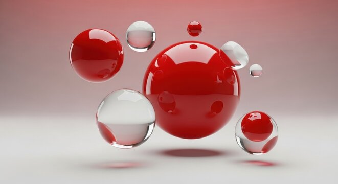 Abstract 3D illustration of floating glossy red and transparent glass spheres with reflective surfaces on a neutral gradient background featuring a large orb with indentations.