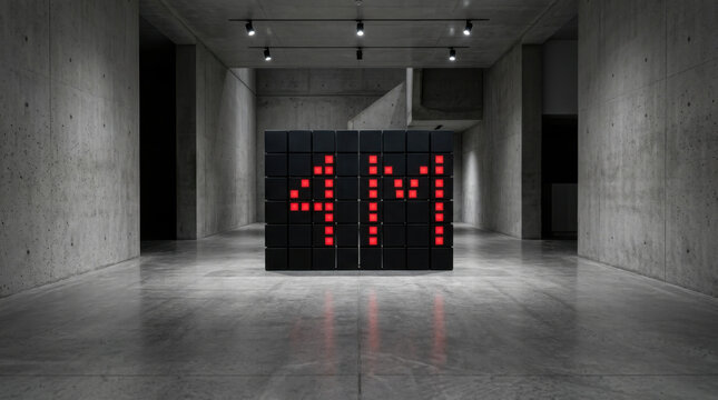 Minimalist Black Cube With Glowing Red Digits In Concrete Hallway