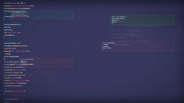 Digital screen displaying scrolling computer code and programming scripts on a dark blue background