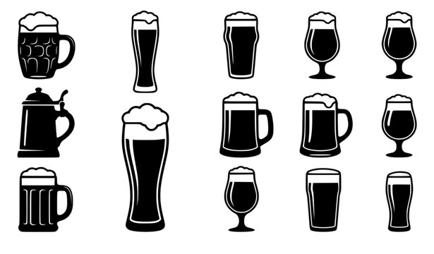 Craft beer mugs and glasses solid silhouette icons set featuring assorted brewery pints steins and traditional pub symbols vector illustration