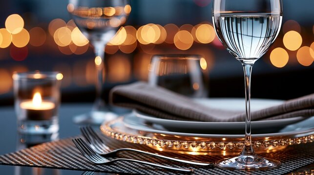 Elegant dining setup with sparkling glassware and ambient lights.