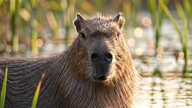 A mature capybara rests peacefully among tall green reeds within the natural wetlands during a beautiful sunrise to display the majestic essence of this unique rodent living in the wild habitat