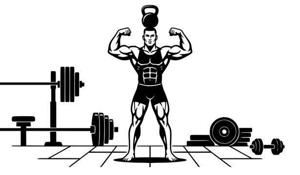 Bodybuilding gym vector illustration featuring muscular bodybuilder flexing front double biceps pose with barbells dumbbells and weightlifting equipment silhouettes on floor
