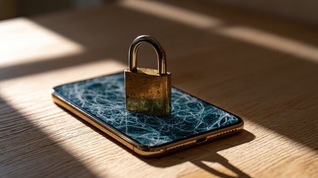 Golden lock securing a smartphone with a cracked screen on a wooden surface