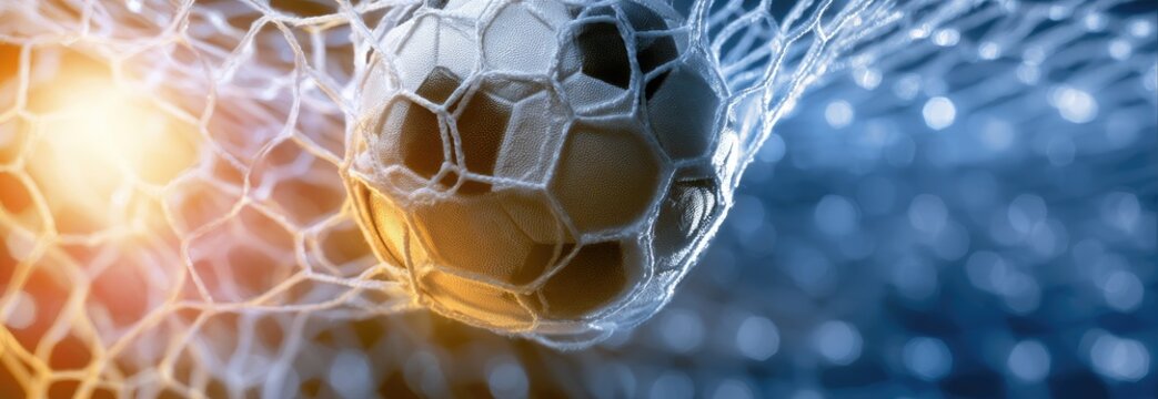 Close-up of a soccer ball caught in a net, with warm light from the left